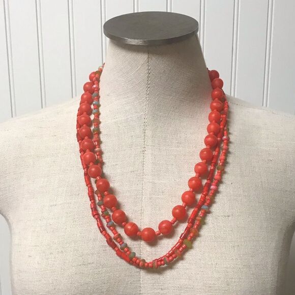 Jewelry - Vintage Orange Triple-strand Beaded Necklace Magnetic Closure
